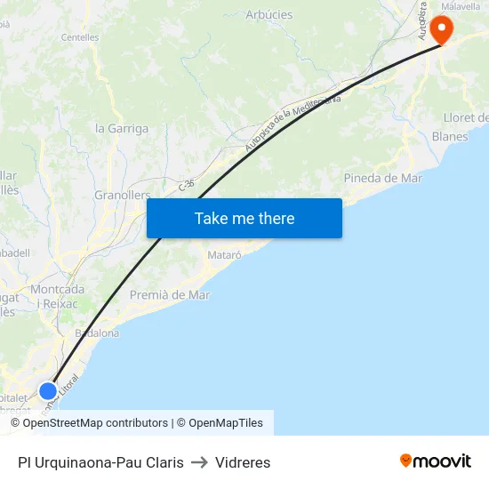 Pl Urquinaona-Pau Claris to Vidreres map