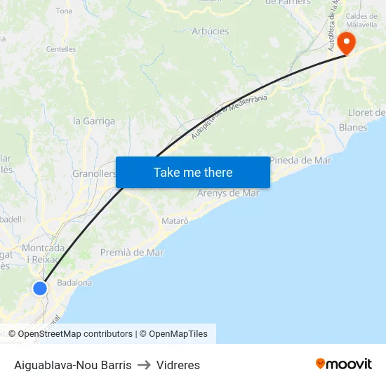 Aiguablava-Nou Barris to Vidreres map