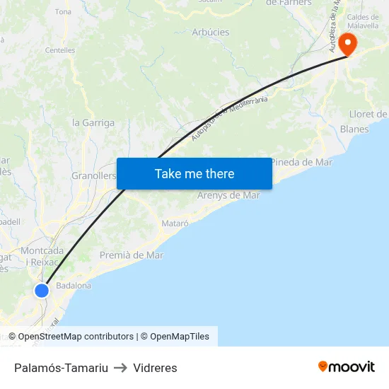 Palamós-Tamariu to Vidreres map