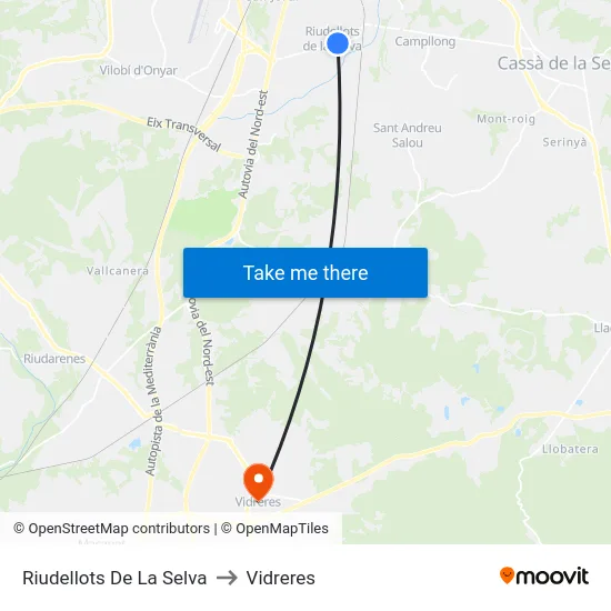 Riudellots De La Selva to Vidreres map