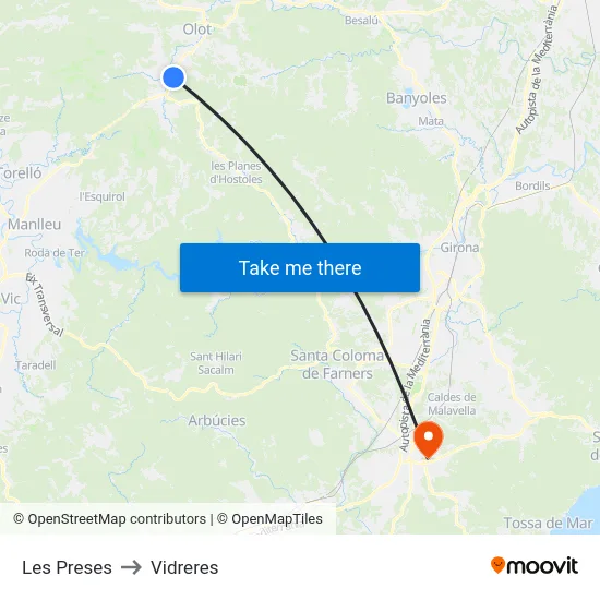 Les Preses to Vidreres map