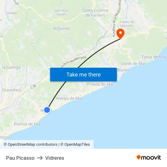 Pau Picasso to Vidreres map