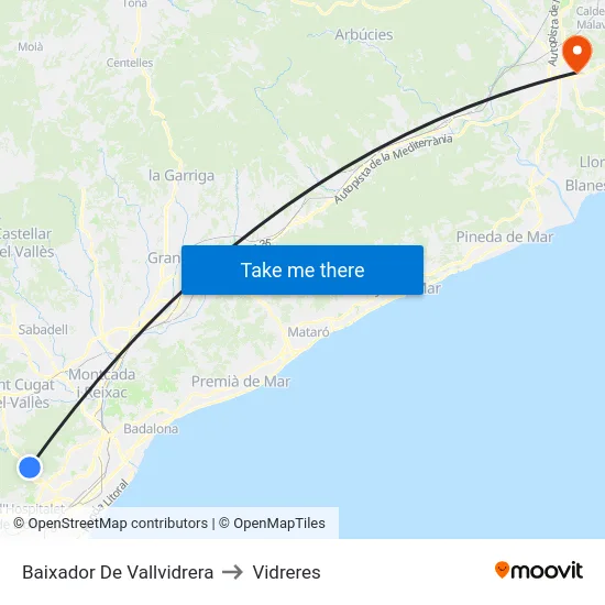 Baixador De Vallvidrera to Vidreres map