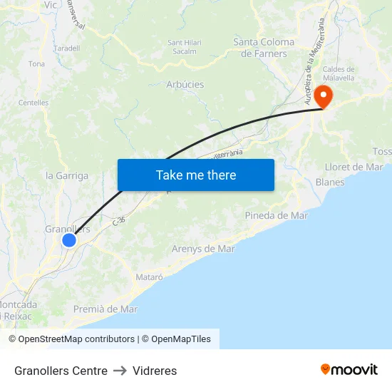 Granollers Centre to Vidreres map
