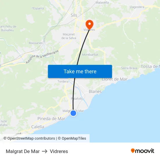 Malgrat De Mar to Vidreres map