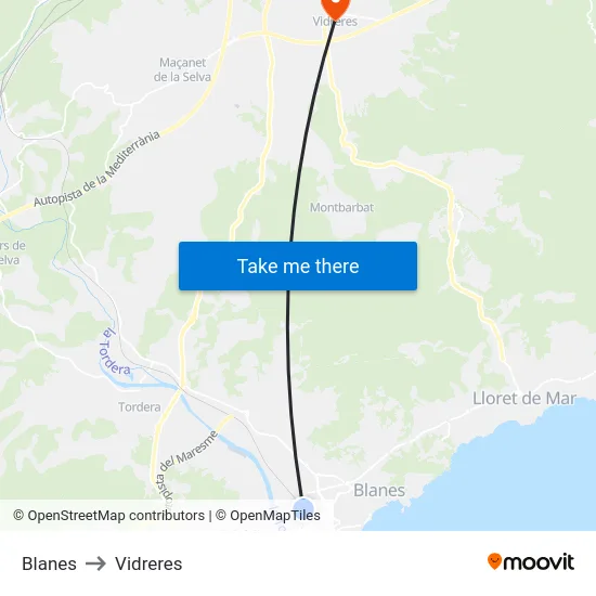 Blanes to Vidreres map