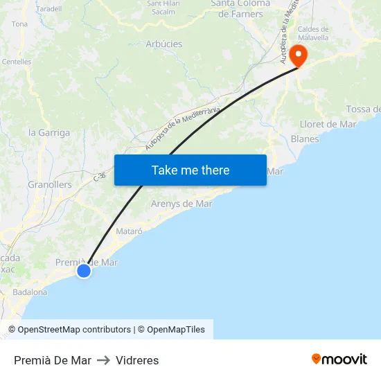 Premià De Mar to Vidreres map