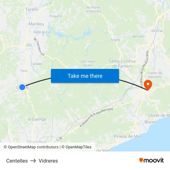 Centelles to Vidreres map
