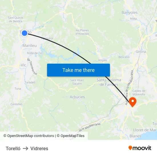 Torelló to Vidreres map