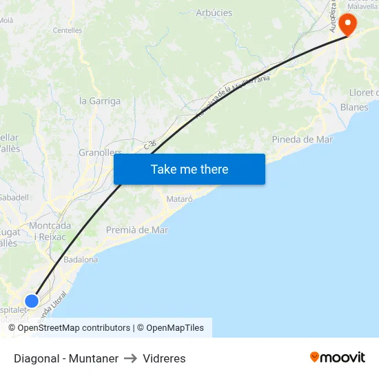 Diagonal - Muntaner to Vidreres map
