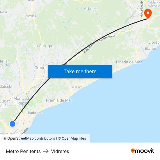 Metro Penitents to Vidreres map