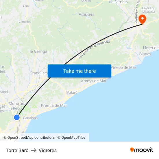 Torre Baró to Vidreres map