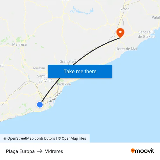 Plaça Europa to Vidreres map