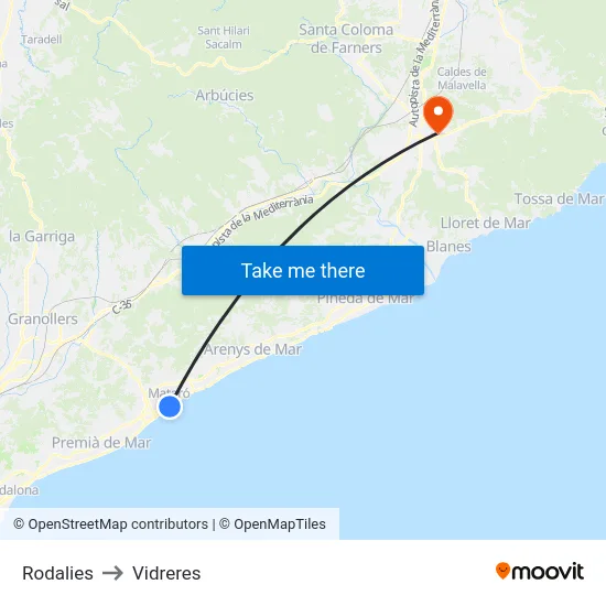 Rodalies to Vidreres map