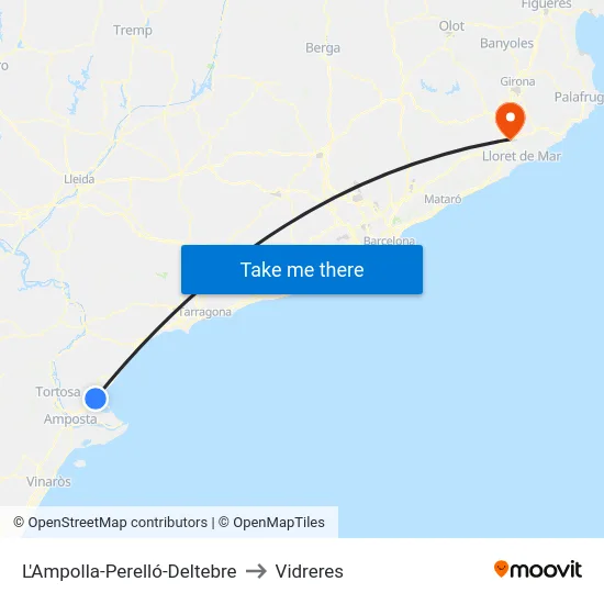 L'Ampolla-Perelló-Deltebre to Vidreres map