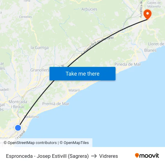 Espronceda - Josep Estivill (Sagrera) to Vidreres map