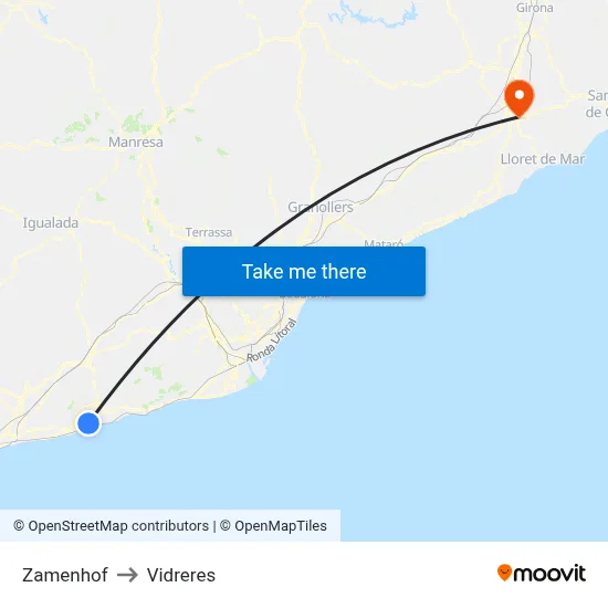 Zamenhof to Vidreres map