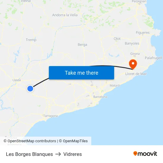 Les Borges Blanques to Vidreres map
