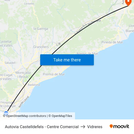 Autovia Castelldefels - Centre Comercial to Vidreres map