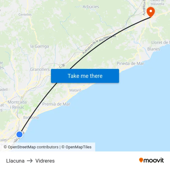 Llacuna to Vidreres map