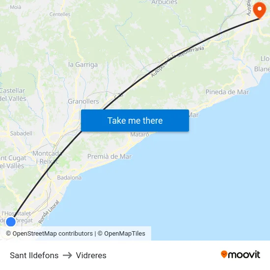 Sant Ildefons to Vidreres map