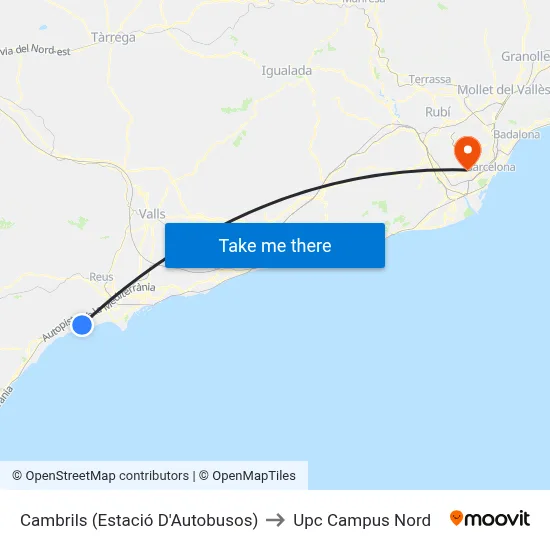 Cambrils (Estació D'Autobusos) to Upc Campus Nord map