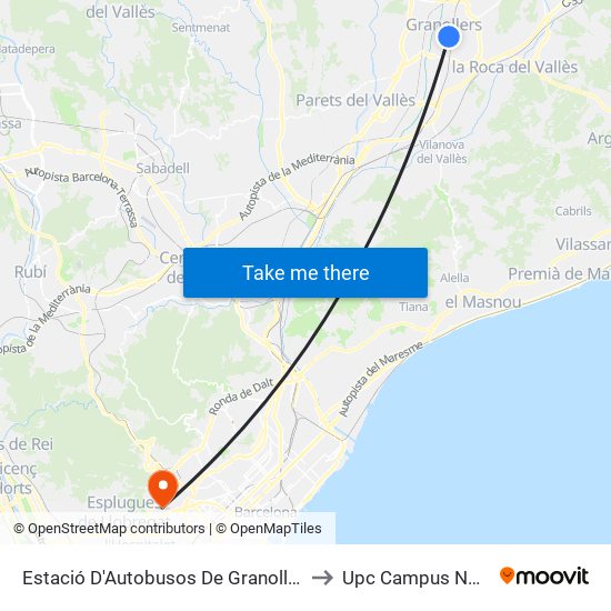 Estació D'Autobusos De Granollers to Upc Campus Nord map