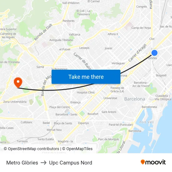Metro Glòries to Upc Campus Nord map
