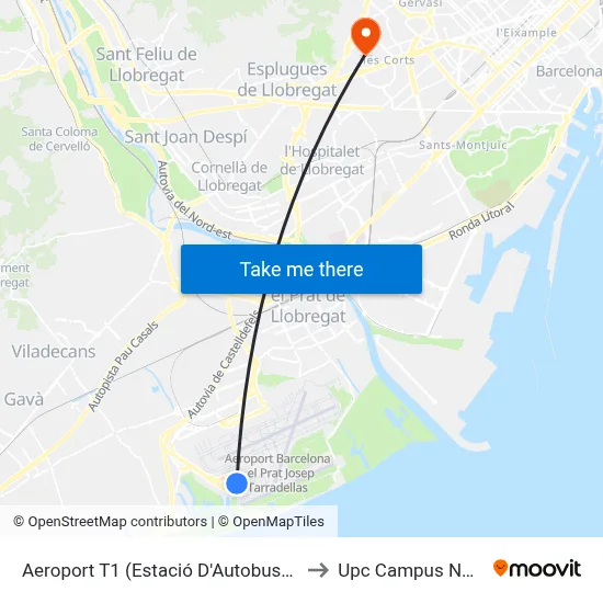 Aeroport T1 (Estació D'Autobusos) to Upc Campus Nord map