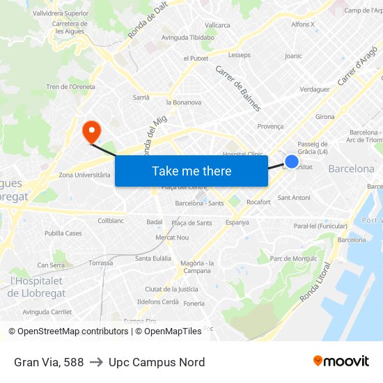 Gran Via, 588 to Upc Campus Nord map