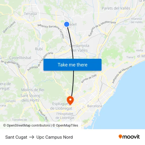 Sant Cugat to Upc Campus Nord map
