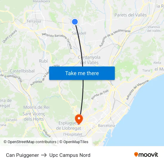 Can Puiggener to Upc Campus Nord map