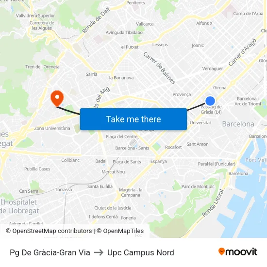 Pg De Gràcia-Gran Via to Upc Campus Nord map