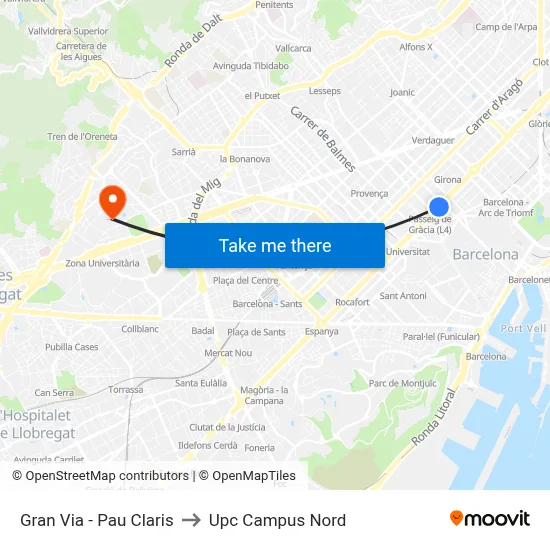 Gran Via - Pau Claris to Upc Campus Nord map