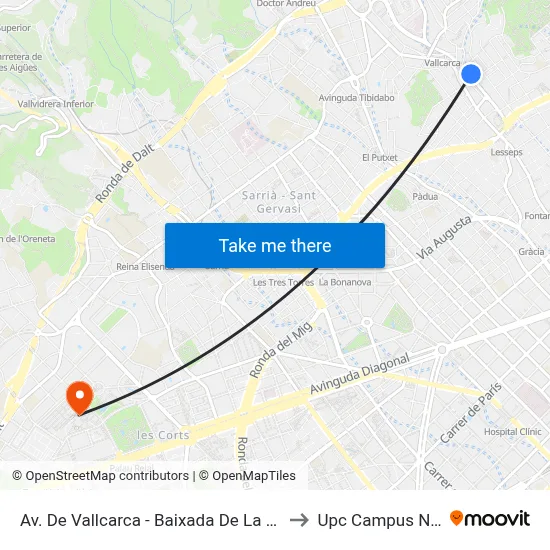 Av. De Vallcarca - Baixada De La Glòria to Upc Campus Nord map