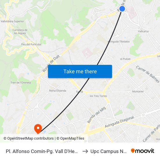 Pl. Alfonso Comín-Pg. Vall D'Hebron to Upc Campus Nord map