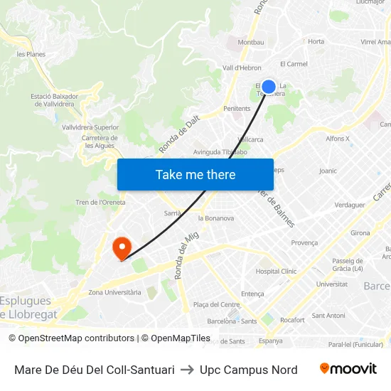 Mare De Déu Del Coll-Santuari to Upc Campus Nord map