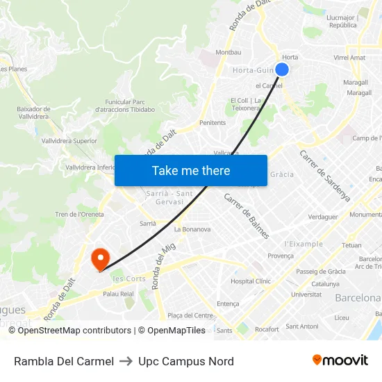 Rambla Del Carmel to Upc Campus Nord map