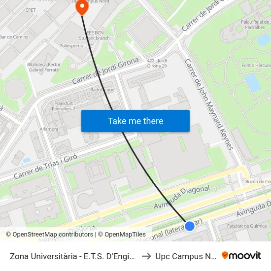Zona Universitària - E.T.S. D'Enginyers to Upc Campus Nord map