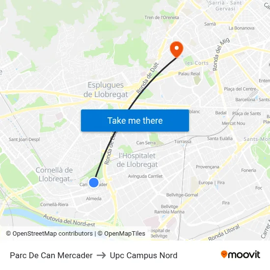 Parc De Can Mercader to Upc Campus Nord map