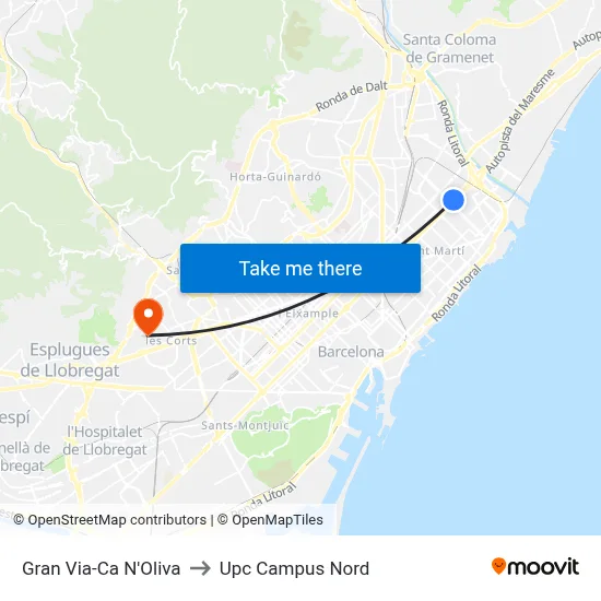 Gran Via-Ca N'Oliva to Upc Campus Nord map