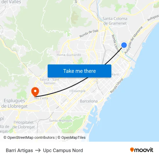 Barri Artigas to Upc Campus Nord map