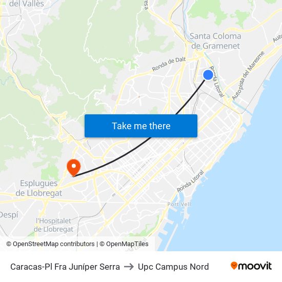 Caracas-Pl Fra Juníper Serra to Upc Campus Nord map
