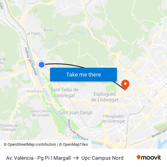 Av. València - Pg Pi I Margall to Upc Campus Nord map