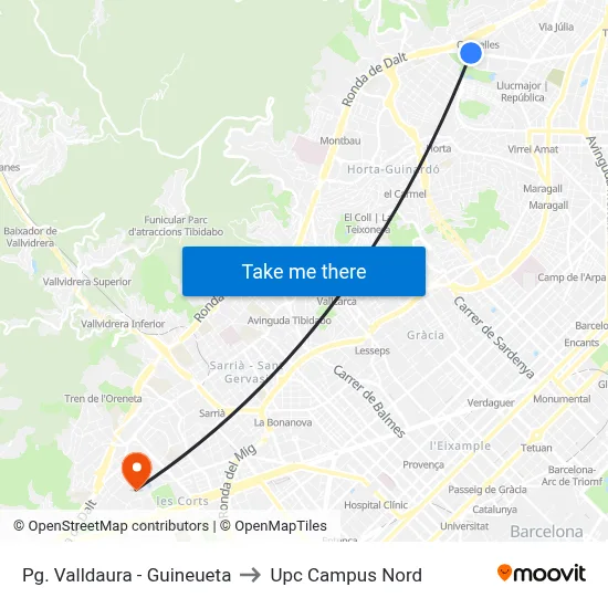 Pg. Valldaura - Guineueta to Upc Campus Nord map