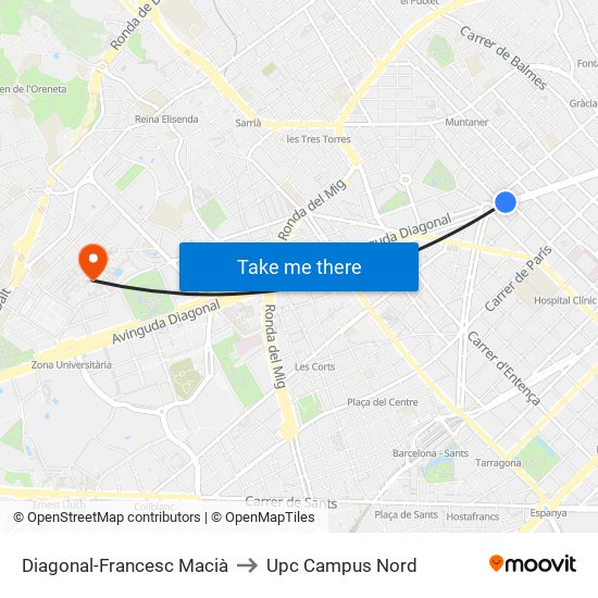 Diagonal-Francesc Macià to Upc Campus Nord map