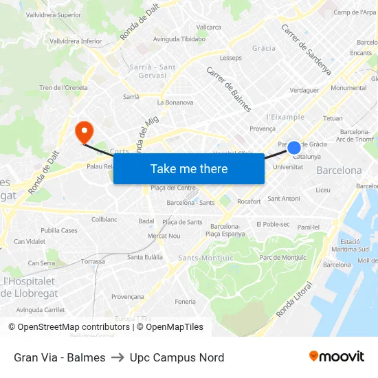 Gran Via - Balmes to Upc Campus Nord map