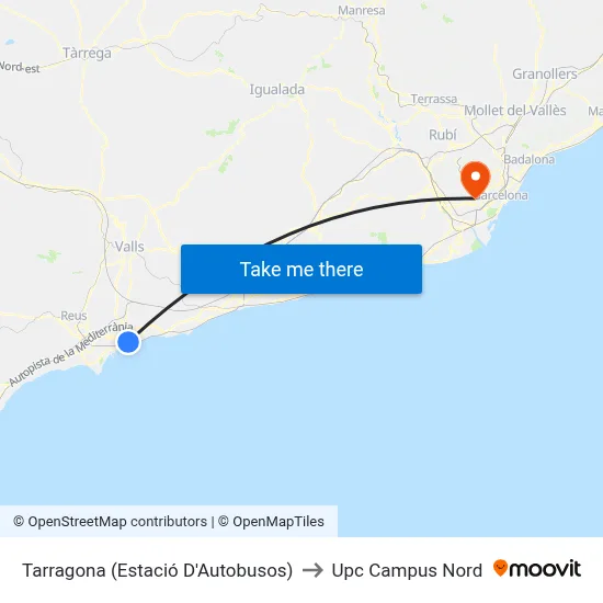 Tarragona (Estació D'Autobusos) to Upc Campus Nord map