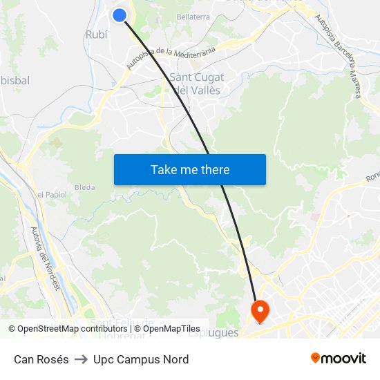 Can Rosés to Upc Campus Nord map