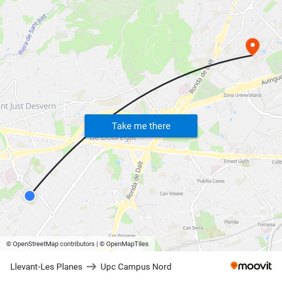 Llevant-Les Planes to Upc Campus Nord map